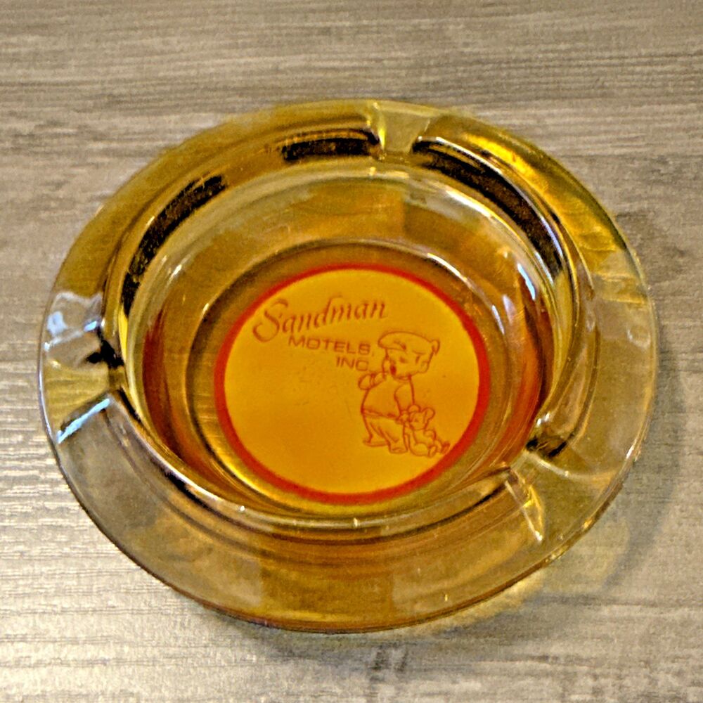 Vintage Sandman Hotels Amber Glass Ashtray 3.5 Round RARE Boy with Teddy Bear